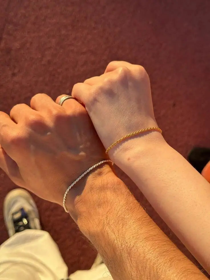 The Tether Set couple bracelet flat lay — 925 sterling silver minimal his and hers bracelet, India