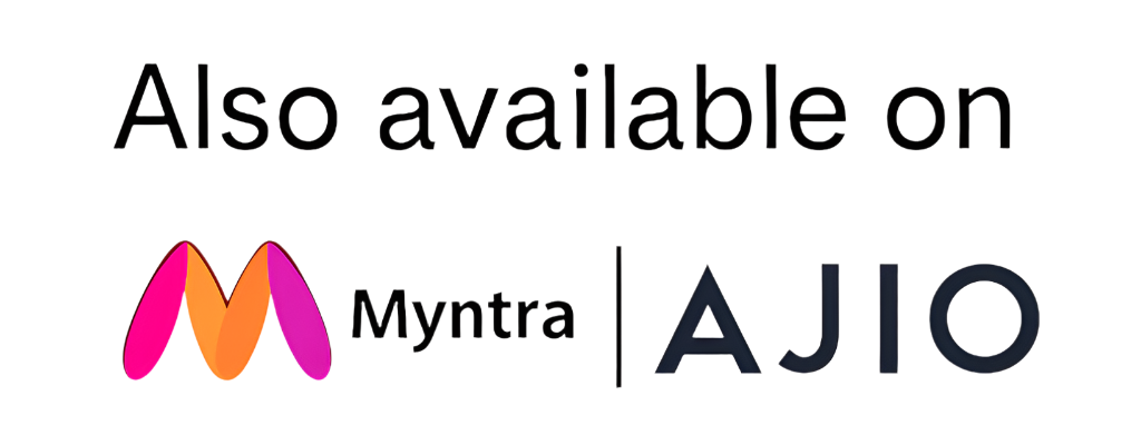 Text 'Also available on Myntra and AJIO' with brand logos on a white background