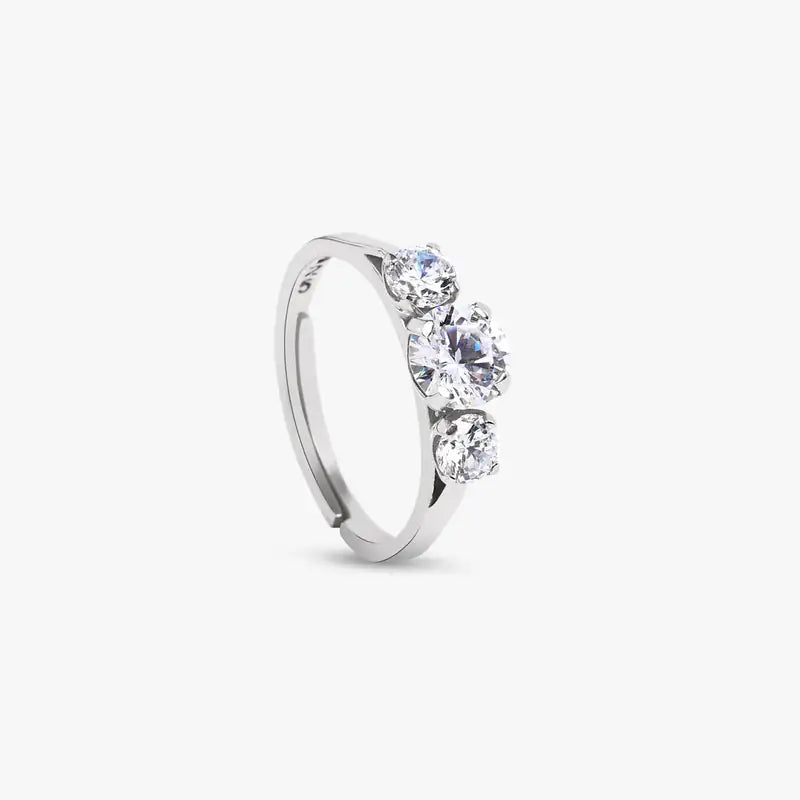 Sterling Silver Triple Stone Engagement Ring — three round white AAA CZ stones, 925 silver, adjustable, India