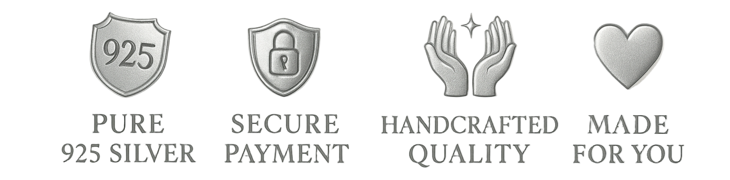 Horizontal trust badge banner with Pure 925 Silver, Secure Payment, Handcrafted Quality, and Made for you