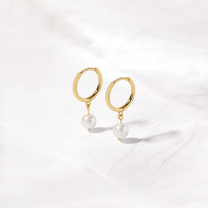 Sterling Silver Pearl hoops 18k Gold Plated Earrings - UNJELLIC