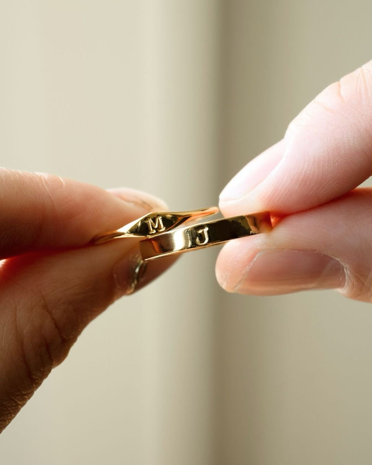Initial couple rings worn together — 925 sterling silver gold plated, his and hers