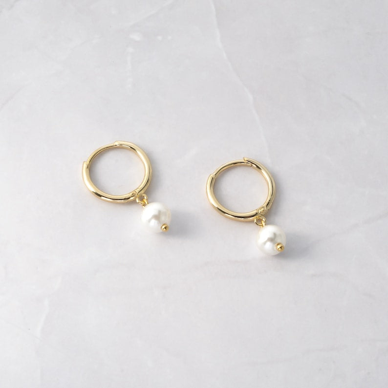 Sterling Silver Pearl hoops 18k Gold Plated Earrings - UNJELLIC