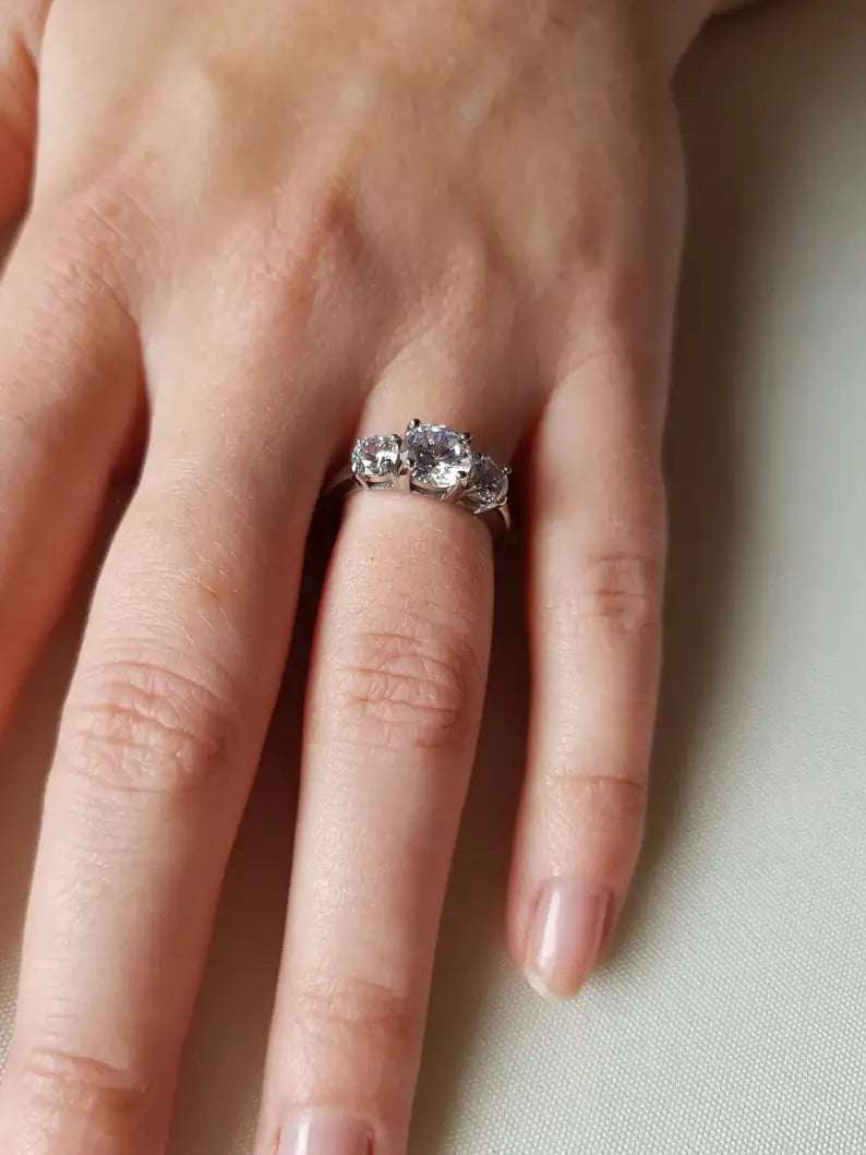 Triple stone 925 silver ring in premium UNJELLIC gift packaging — engagement ring gift India
